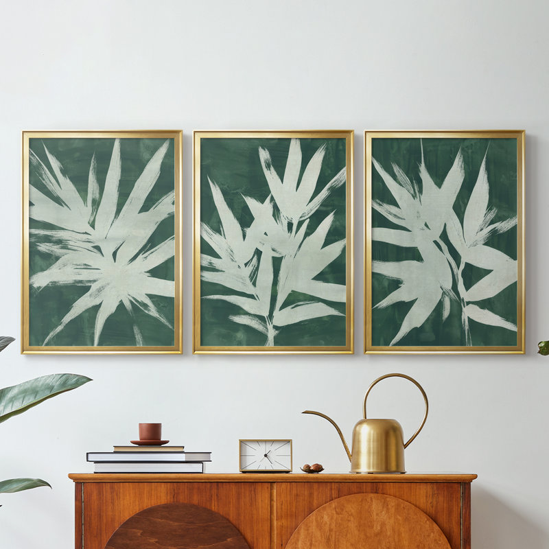 «Water Palm Fossil I», toile tendue avec châssis sur mesure - 3 pièces, H 21 po x l 30 po, Doré
