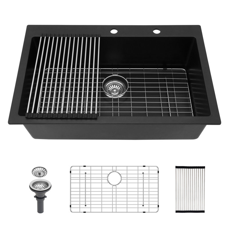 Évier de cuisine en quartz - Évier de cuisine encastré en granite noir 33 x 22 po, Noir