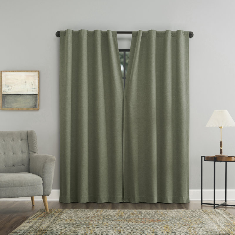Sun Zero Treviso Linen Magnetic Closure 100% Blackout Back Tab Curtain Panel, Green, 40" W x 84" L