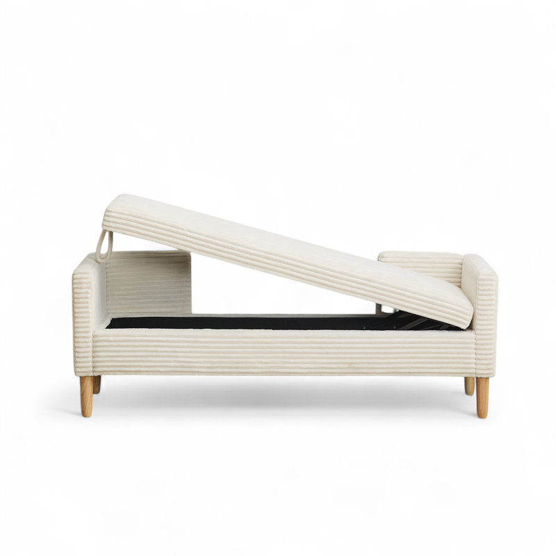 65.3" W Upholstered Storage Bench With Bolster Pillows, Ivory