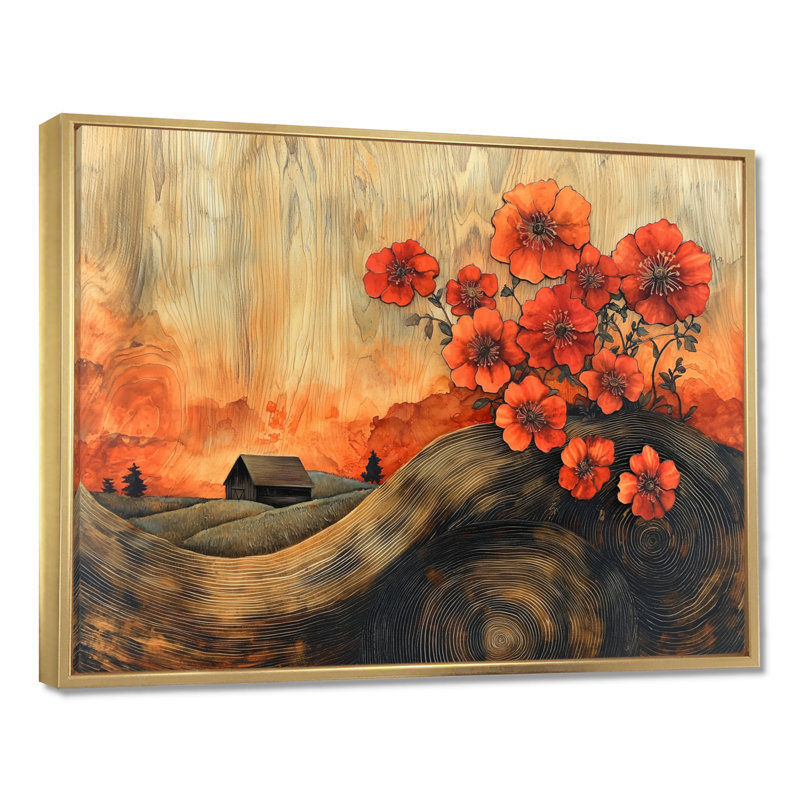 «Geraniums Flowers At Barn Landscape III - Geraniums», art mural, H 12 po x l 20 po, Cadre flottant, Doré