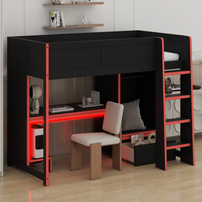 Lit mezzanine en bois avec bureau intégré, garde-robe, DEL et tiroir