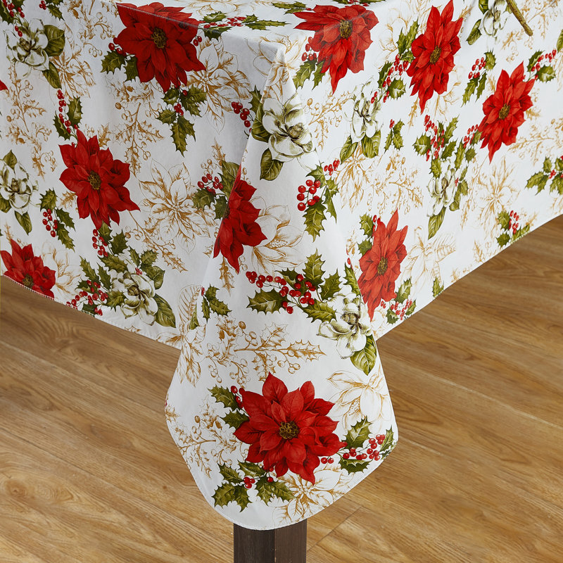 Festive Red Poinsettia Vinyl Tablecloth with Flannel Backing, 70" x 52"