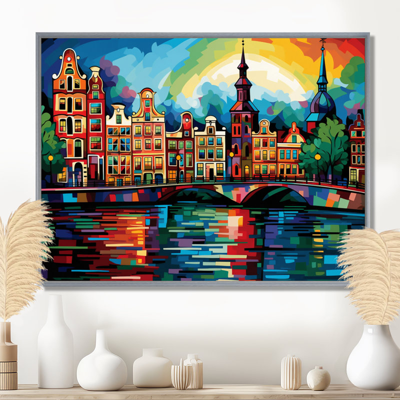 City Amsterdam Popart II sur impression sur toile, H 24 po x l 32 po x P 1 po, Encadrement argenté