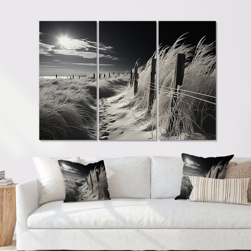 «Black and White Beach Grass Horizon» - Ensemble de décoration murale plage, H 40 po x l 60 po x P 1 po