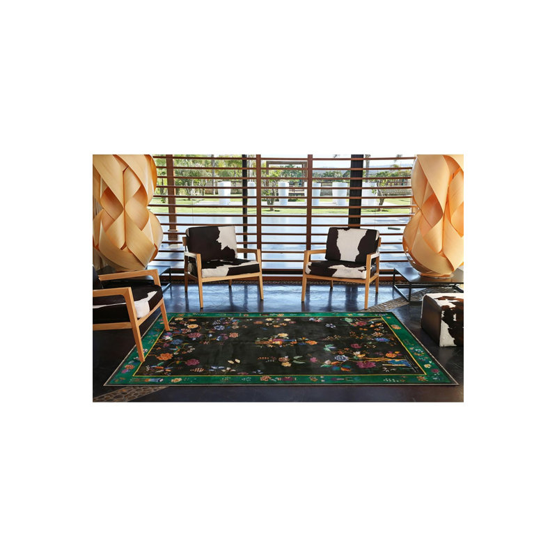 Tapis décoratif noir à motif floral noir, Sous-tapis rectangulaire de 3 pi 3 po x 4 pi 11 po