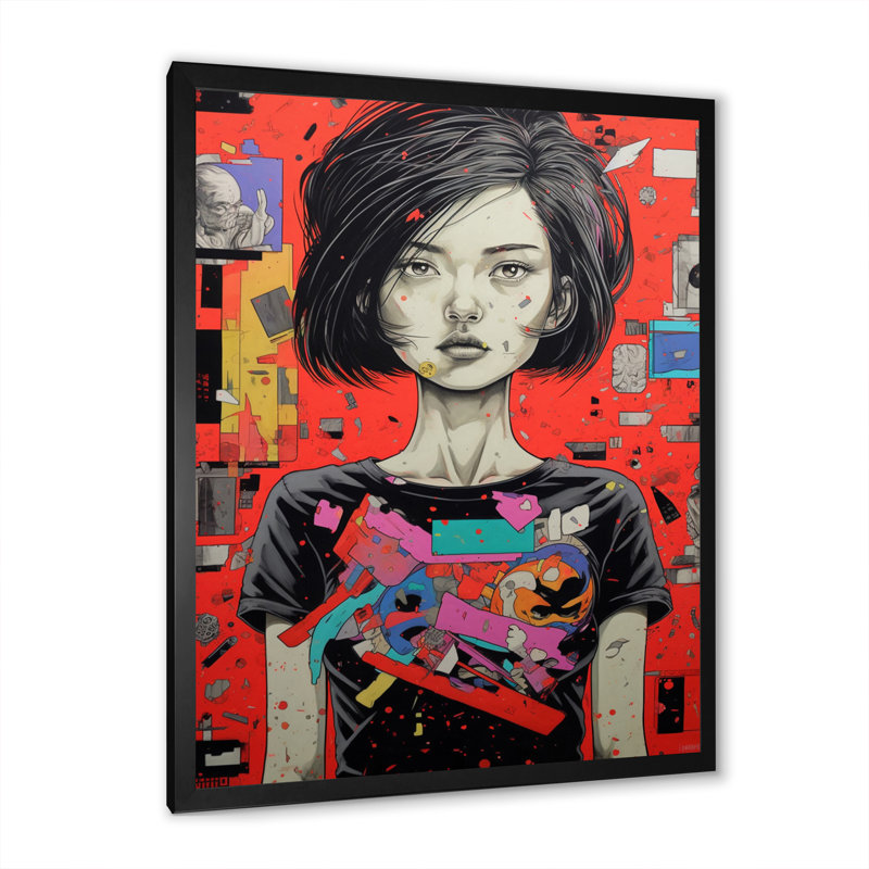 Portrait de femme manga sur collage, Cadre photo noir simple, H 20 po x l 12 po x P 1 po