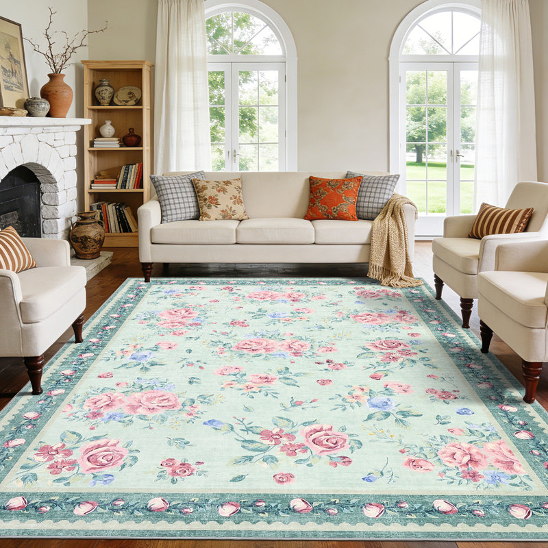 Vintage Floral Pattern Area Rugs Washable Foldable Printed Carpet Modern Soft Home Decor Rug Bedroom Living Room Rugs and Easy Care Carpet Low Pile Floor Mats