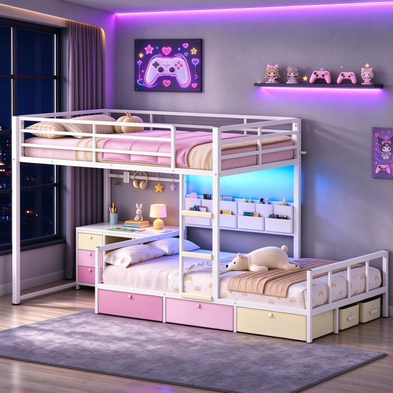 Lit superposé simple avec bureau et 6 tiroirs de rangement, lit mezzanine plateforme en métal avec éclairage DEL, chargeur et organisateur 10 poches, optimisation de l'espace, lit enfant décalé blanc et rose