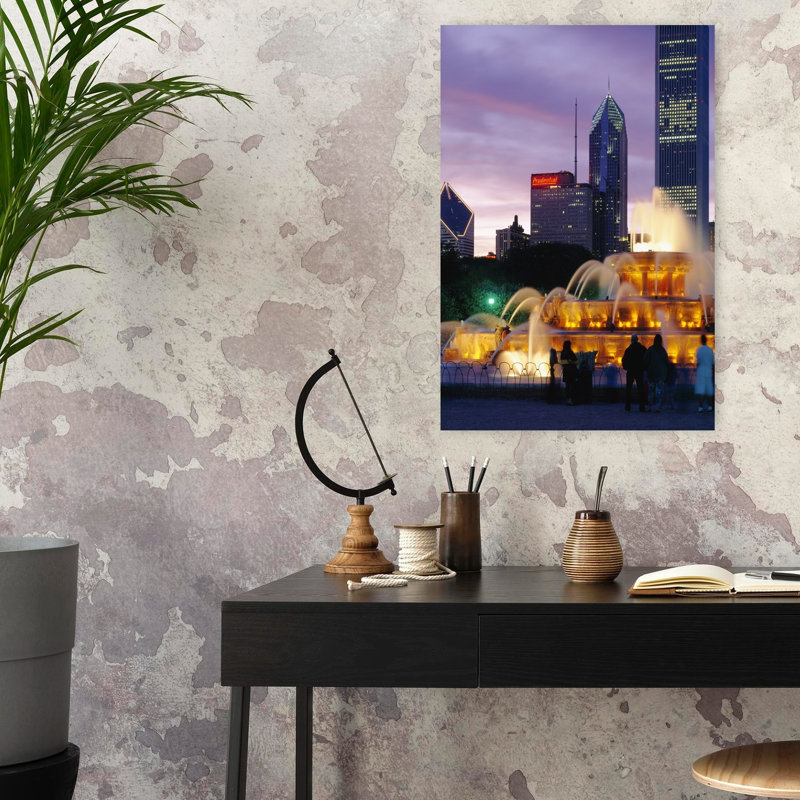 Fountain Lit Up Night Buckingham Fountain Grant Park Chicago Illinois USA by Ron Schramm - Wrapped Canvas Print