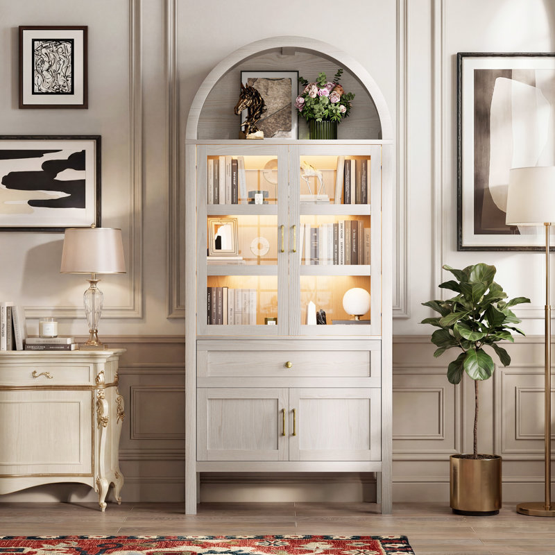 71'' Tall Full Wood Arched Storage Cabinet Adjustable Shelves Bookcase With LED Lights, Light Gray-White