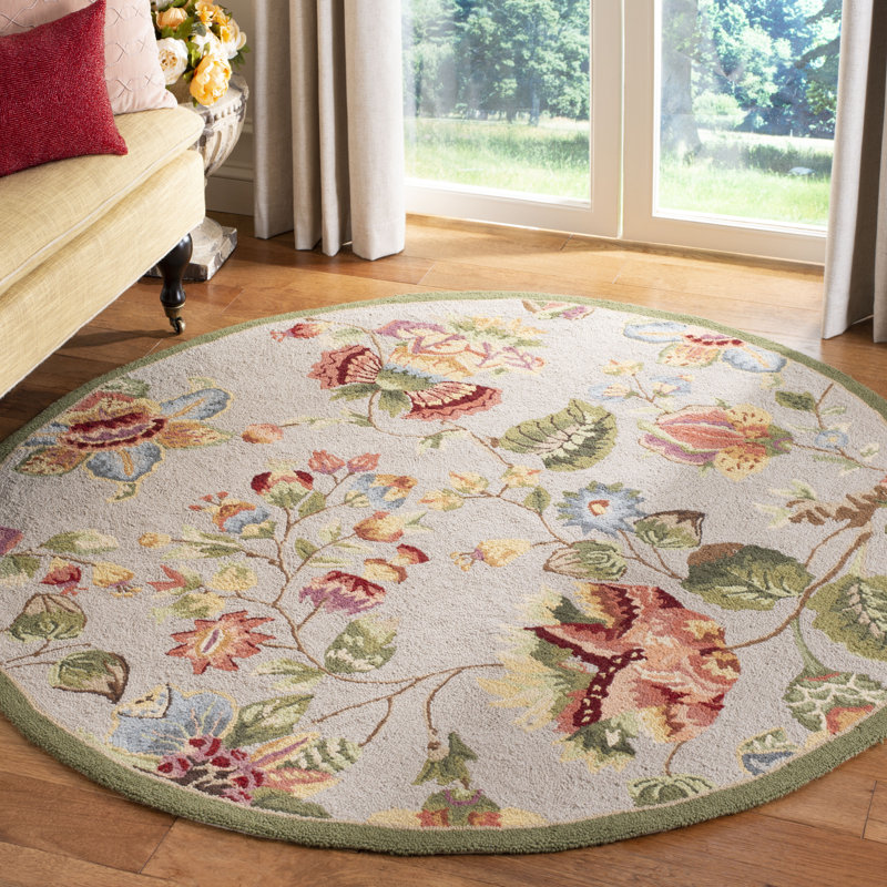 Tapis sauge en laine à motif floral Hollander, Rond 4 pi