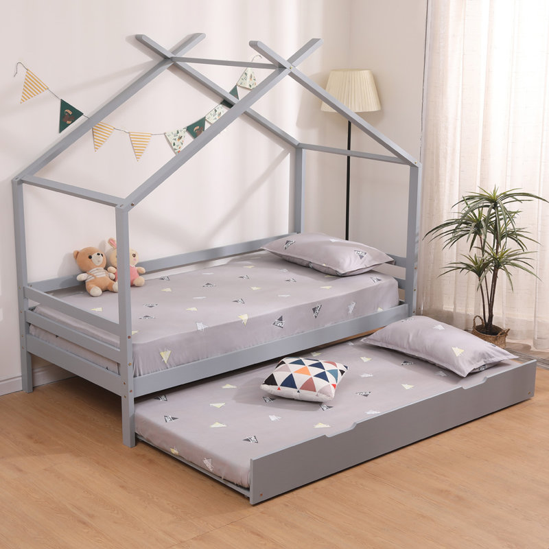 Laurentius Single (3') House Beds, Grey, With 2 x Mattress, With Trundle