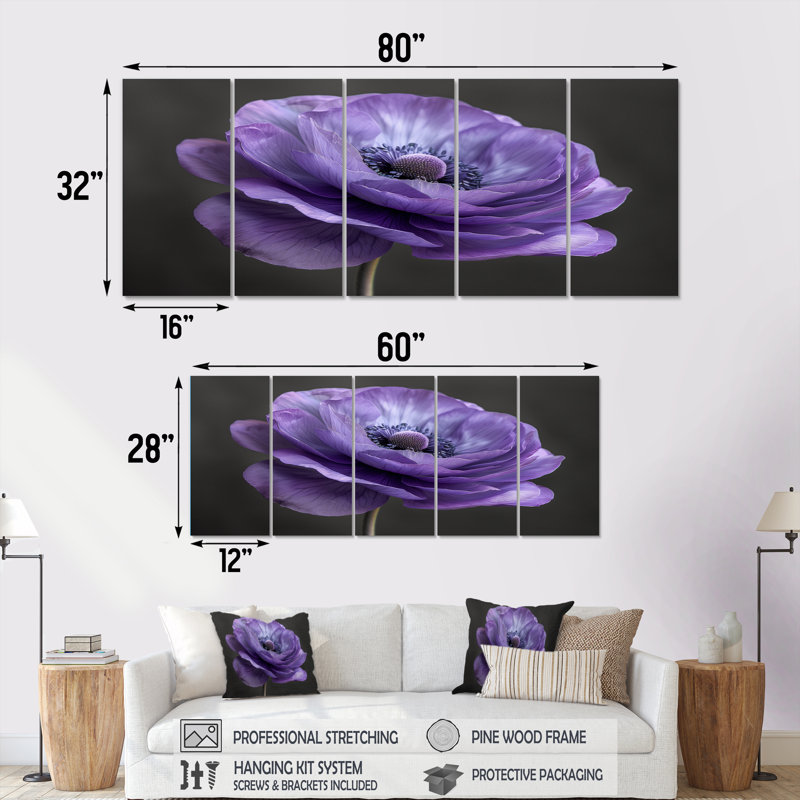 Noir et mauve renoncule Nature Nuance II - renoncule, ensemble d'art sur toile, H 28 po x l 60 po