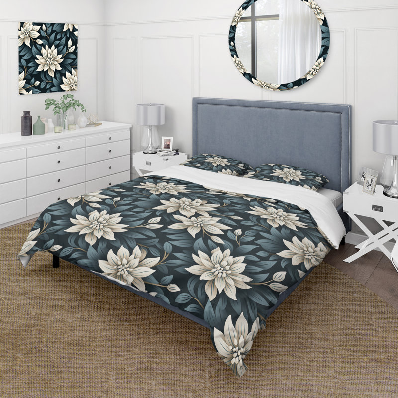 Essence monochrome - Ensemble de housse de couette à motif floral - Microfibre de polyester