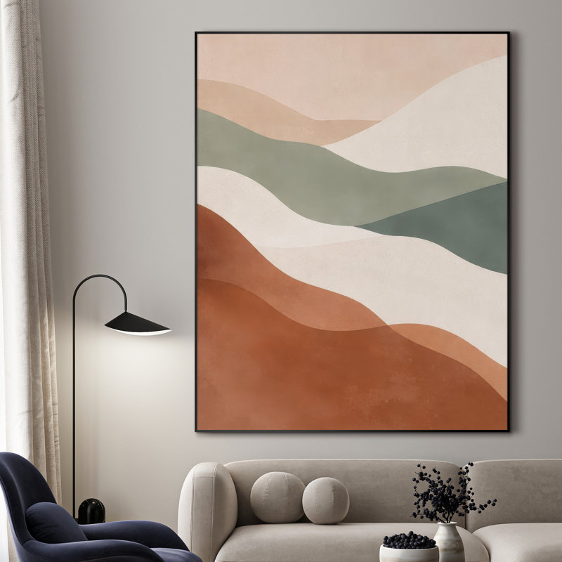 Très grande reproduction d'art sur toile - Paysage abstrait de couleur sauge et terre cuite neutre pour salon moderne - "Assemblage requis du cadre (cadre non fini)"