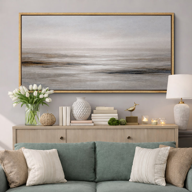 «Abstract Neutral Coastal Horizon Landscape», impression sur toile, impression sur toile encadrée, Cadre naturel