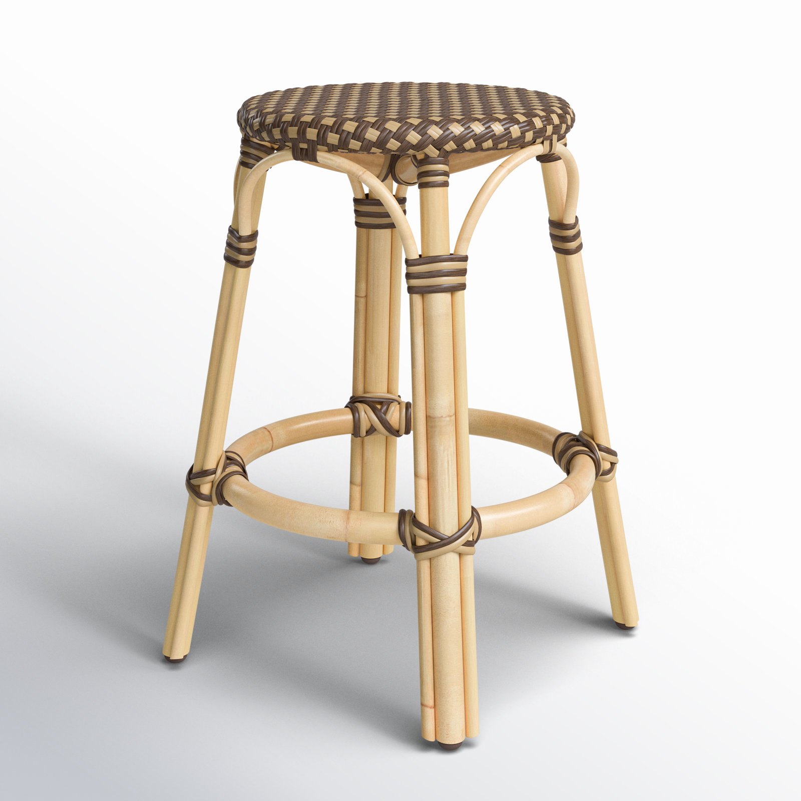 Alastair Bar & Counter Stool, Counter Stool (24" Seat Height), Brown/Tan Dot/Natural Rattan Frame