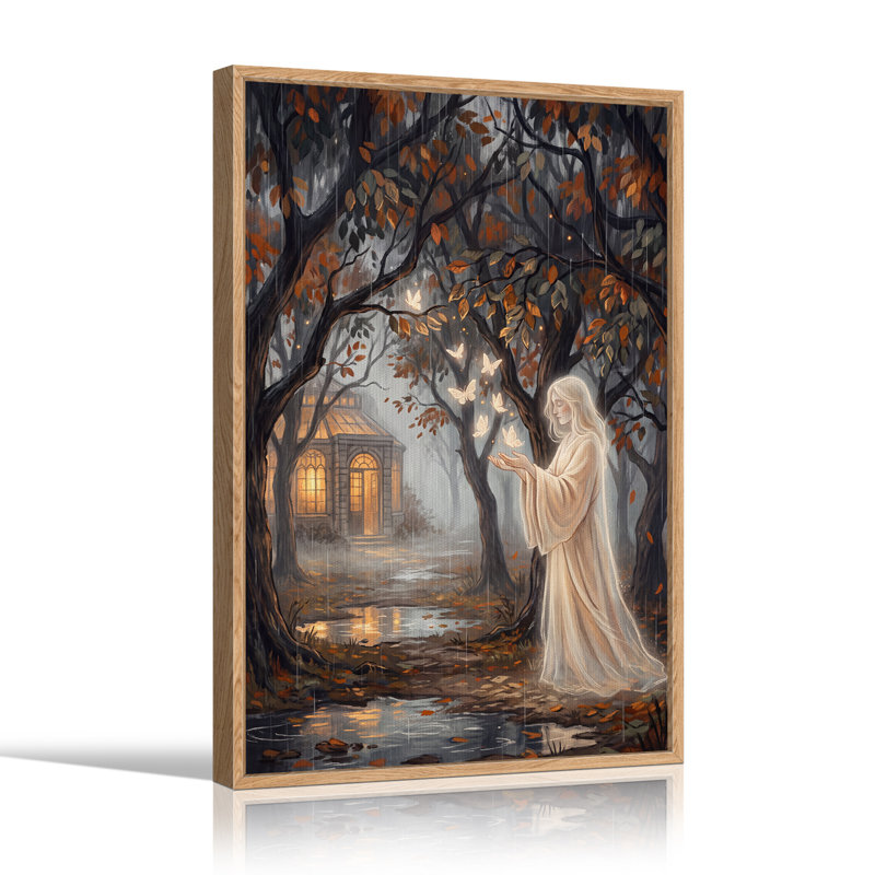 Femme en robe blanche avec des papillons lumineux - Tableau sur toile pour l'Halloween, 48"H x 32"W