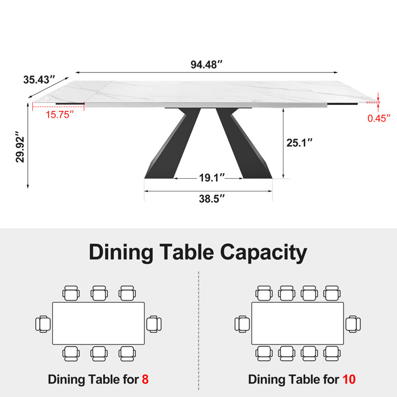 Raliect Dining Table Set for 8-10 With 63'' to 94.5” Extendable Sintered Stone Table and 8 Faux Leather Chairs, Black