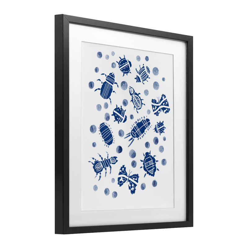 Indigo Bugs & Dots, reproduction encadrée sous verre, conception de Connie Summers, Cadre noir minuit, H 21 po x l 17 po