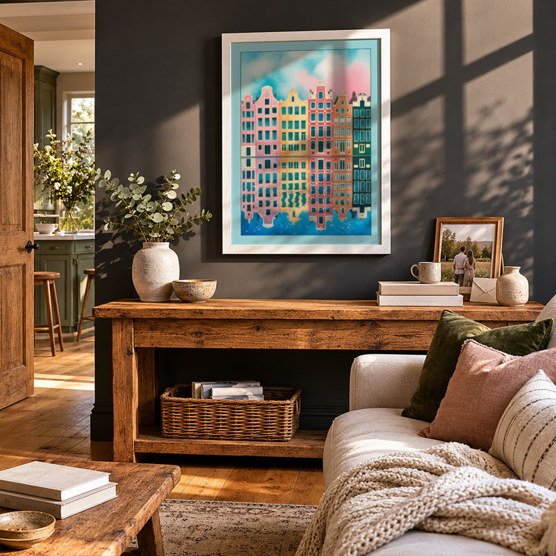 European Waterside Houses Retro - Framed Print, A4 - 29.7 x 21.0 cm, White