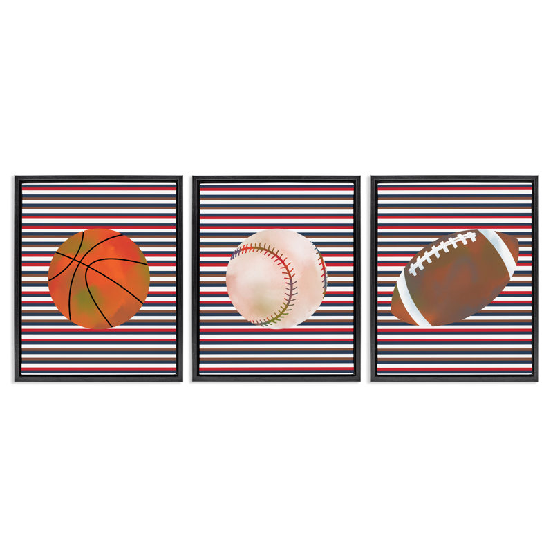 Ensemble de cadres flottants 3 pièces Stripes And Sports Balls, design par Marcus Prime, H 21 po x l 17 po