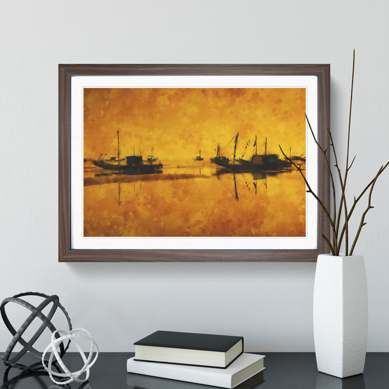 Fishing Boats at Sunset - Framed Print, Walnut Framed, 27cm H x 36cm W x 2cm D