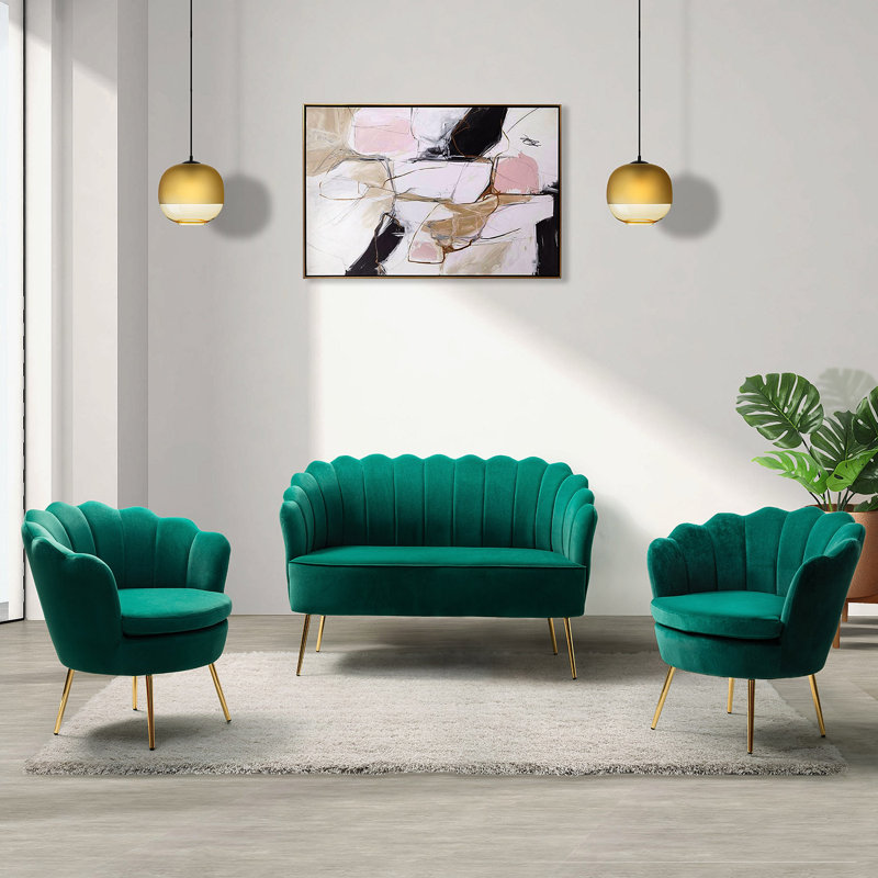 Hendrix Velvet Channel Tufted Living Room Set , Green Velvet