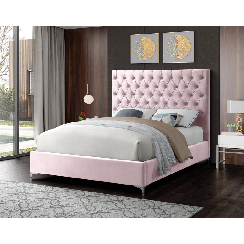 Lit plateforme tapissier Cruz, Double, Velours rose