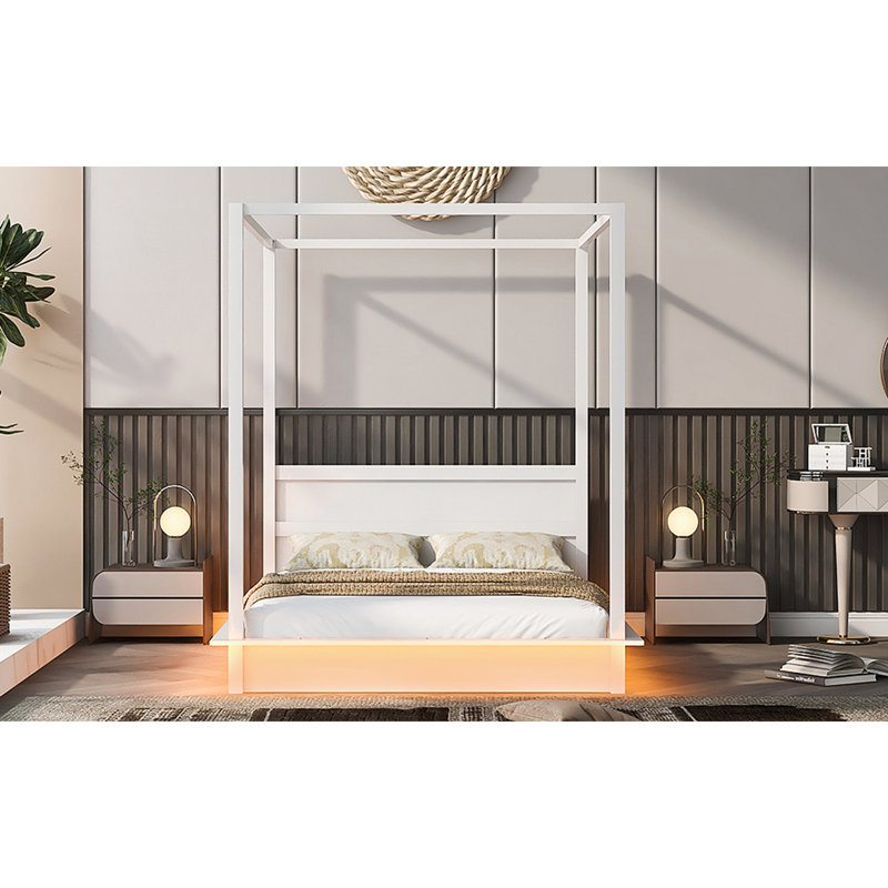 Wood LED Canopy Bed ,Canopy Platform Bed With Support Slats, No Box Spring Needed, Queen