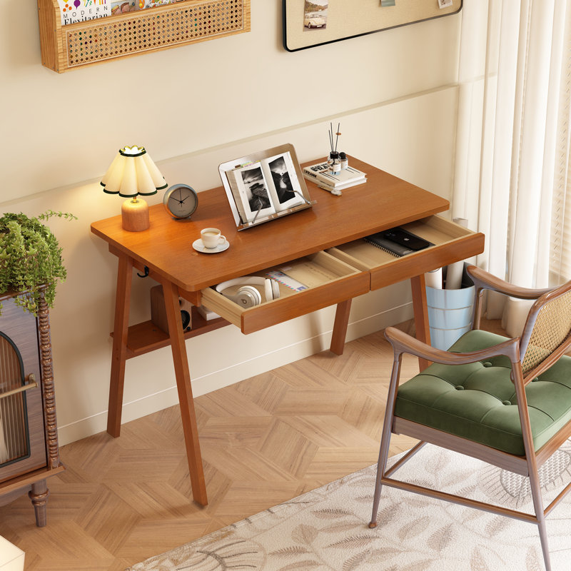  100% Solid Wood Desk With Drawers - Mid Century Modern Desks With Drawers & Storage Shelf, Small Writing Desk For Small Spaces, Home Office Desks For Bedroom & Home, Walnut Color