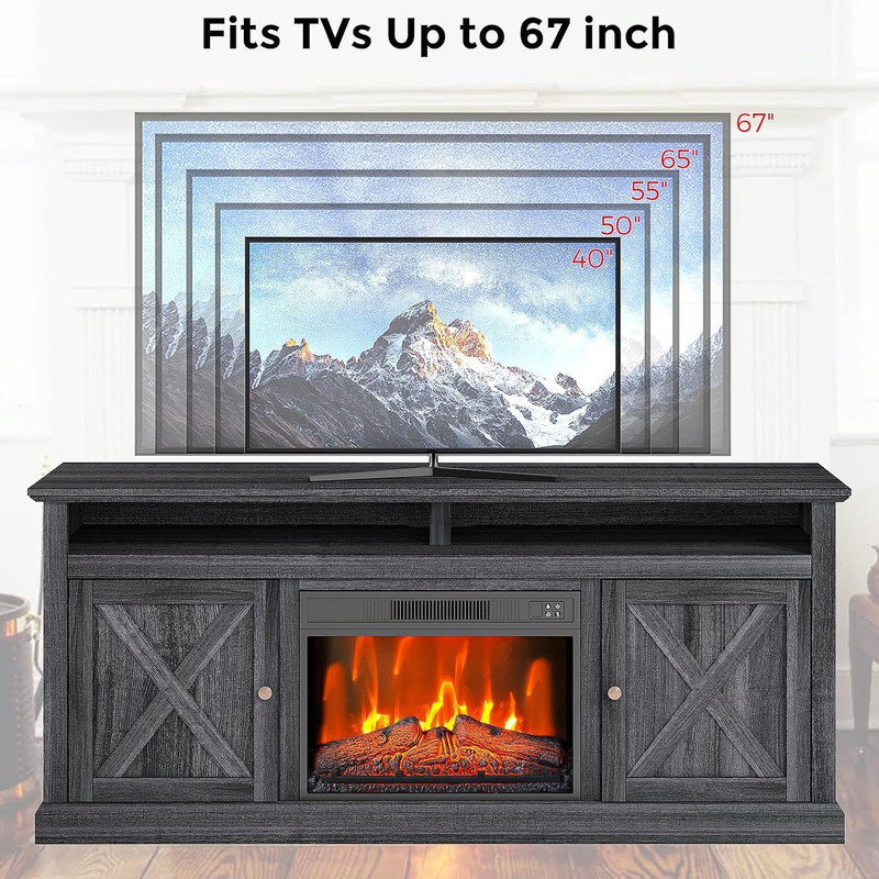 Meuble télé 67 po avec foyer ajustable 23 po - Télécommande, minuterie et armoires de rangement