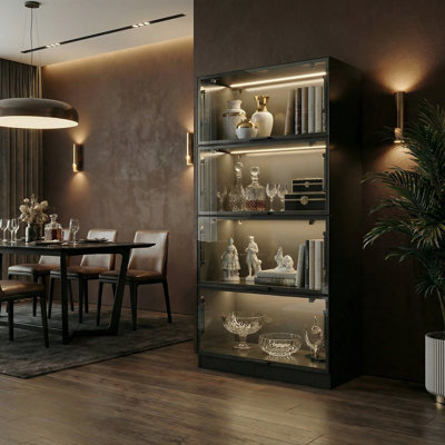 Sleek Glass Bookshelf And China Cabinet With Hydraulic Rod And Tempered Glass - 63" X 31.5" X 15.7"