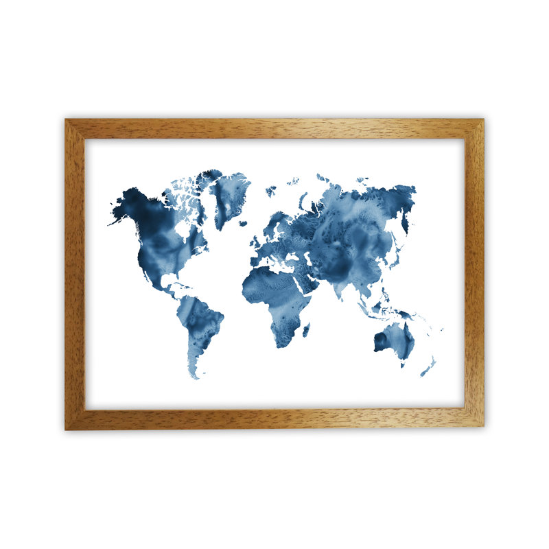Watercolour World Map - Blue - Print, Brown Framed Canvas, 64cm H x 88cm W x 3cm D