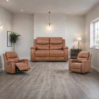 3-Piece Reclining Sofa Set With Two Manual Recliner Chairs And Loveseat, Vegan Leather, Cup Holders