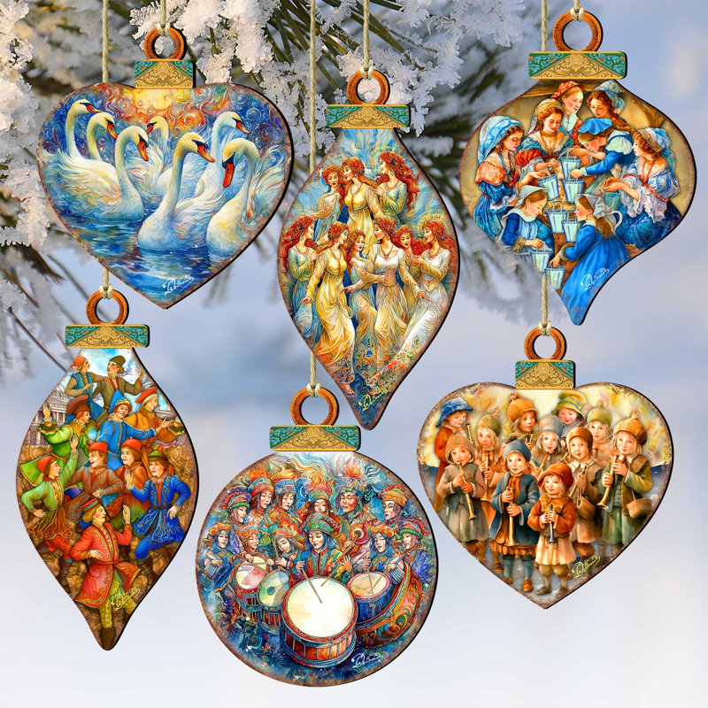 Wooden Ornaments Set 5.5'' Handmade Wood Shatterproof Hanging Figurine Ornament