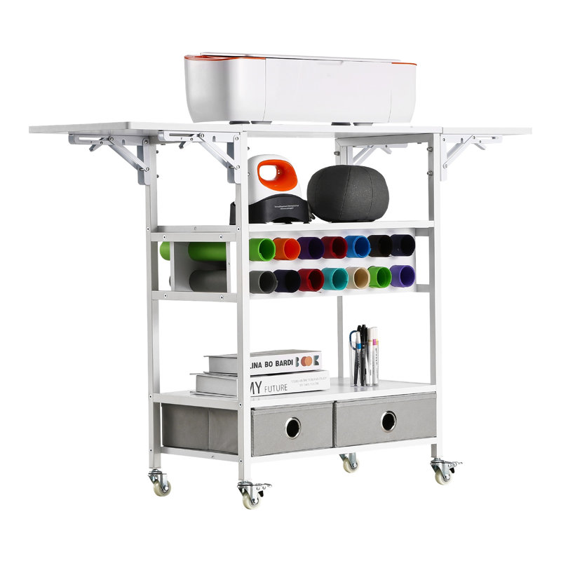 Chariot à roulettes avec porte-rouleau en vinyle, table de rangement pliable pour Cricut et presse à chaud, organisateur à 2 tiroirs