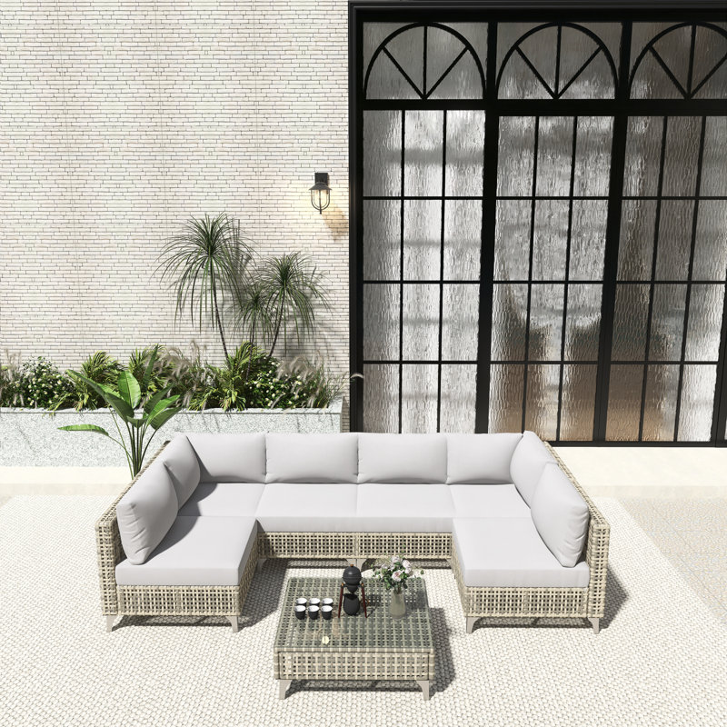 Canapé modulaire d'extérieur en osier 7 pièces avec table basse Bohemian Style, Coussin gris / cadre gris