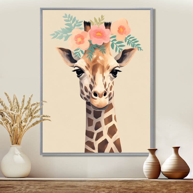 Girafe rétro avec couronne de fleurs roses - Art mural animal girafe, Toile argentée avec cadre flottant, H 40 po x l 30 po