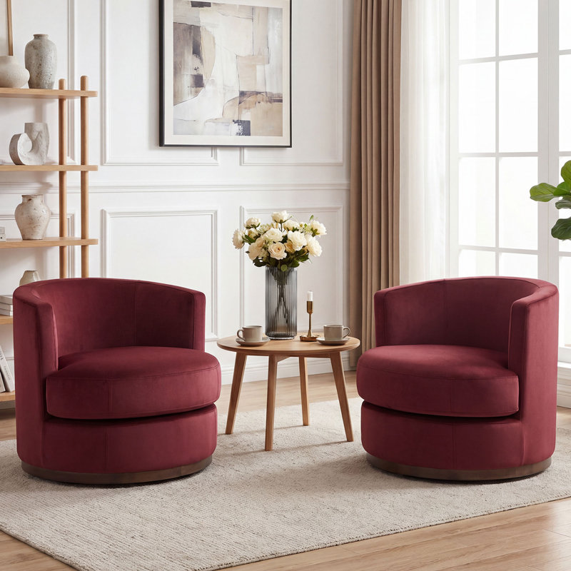 Fauteuil demi-tonneau pivotant en bois massif (ensemble de 2), Rose rouge