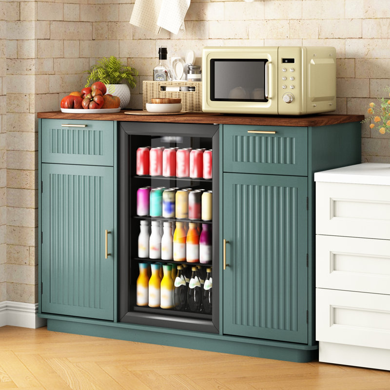 Mini armoire à réfrigérateur cannelée avec centrale électrique et porte-verres à pied - Buffet haut de 38,8 po avec tiroir de rangement, armoire de bar pour le salon