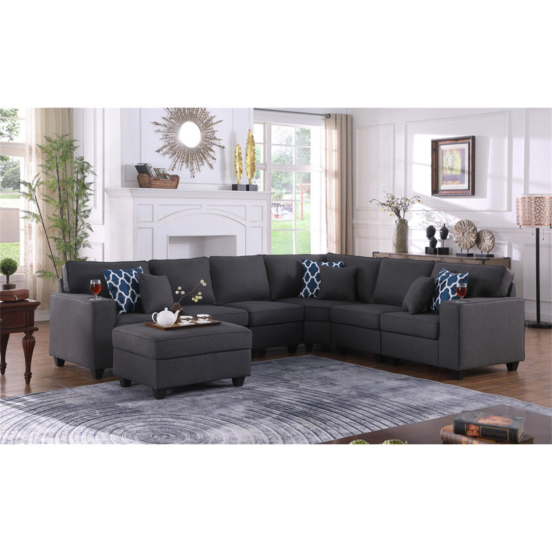 Cooper 125" Dark Grey Linen 7Pc Reversible L-Shape Sectional Sofa With Ottoman And Cupholder, Dark Grey Linen