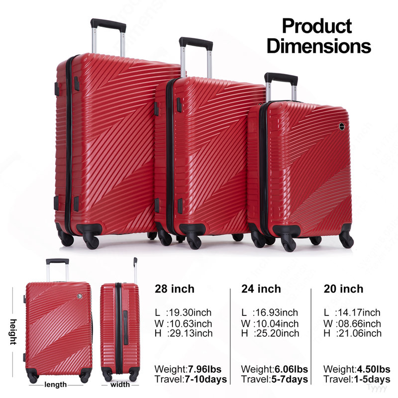 Ensemble de valises 3 pièces Valise légère PC + ABS avec deux crochets, roues pivotantes, (20/24/28) rouge