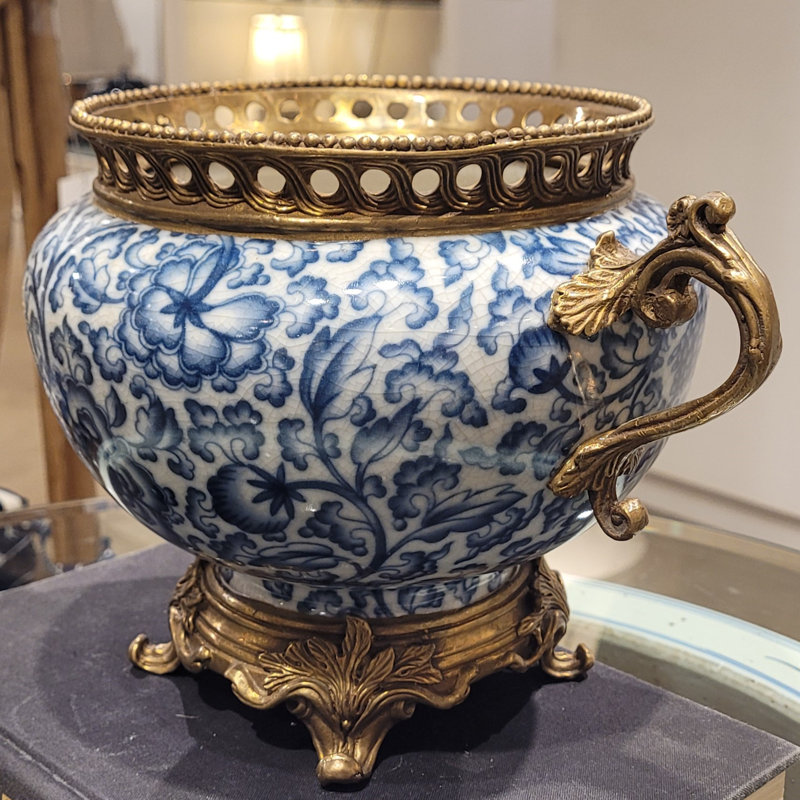 Porcelain Planter With Bronze Ormolu Blue And White Floral
