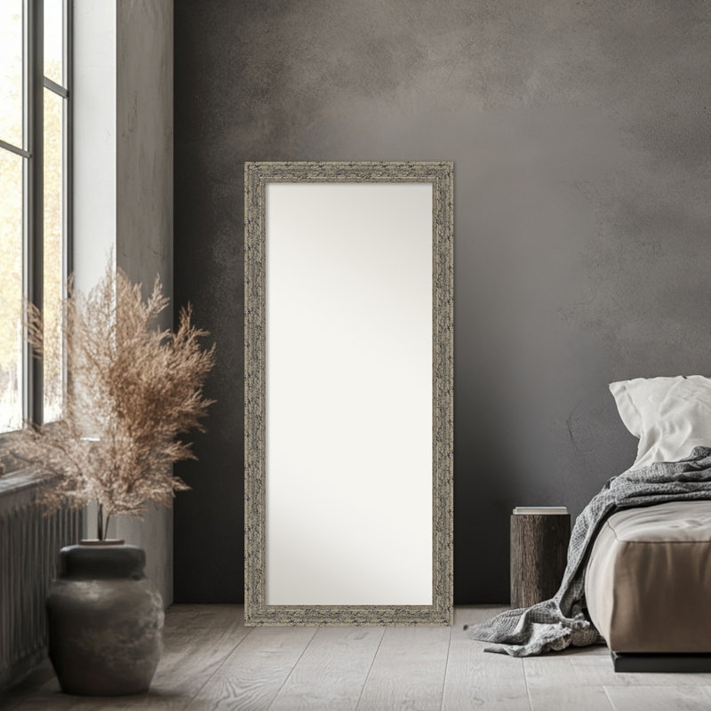 Attic Aged Non-Beveled Wood Framed Full-Length Floor Leaner Mirror, Aged Silver