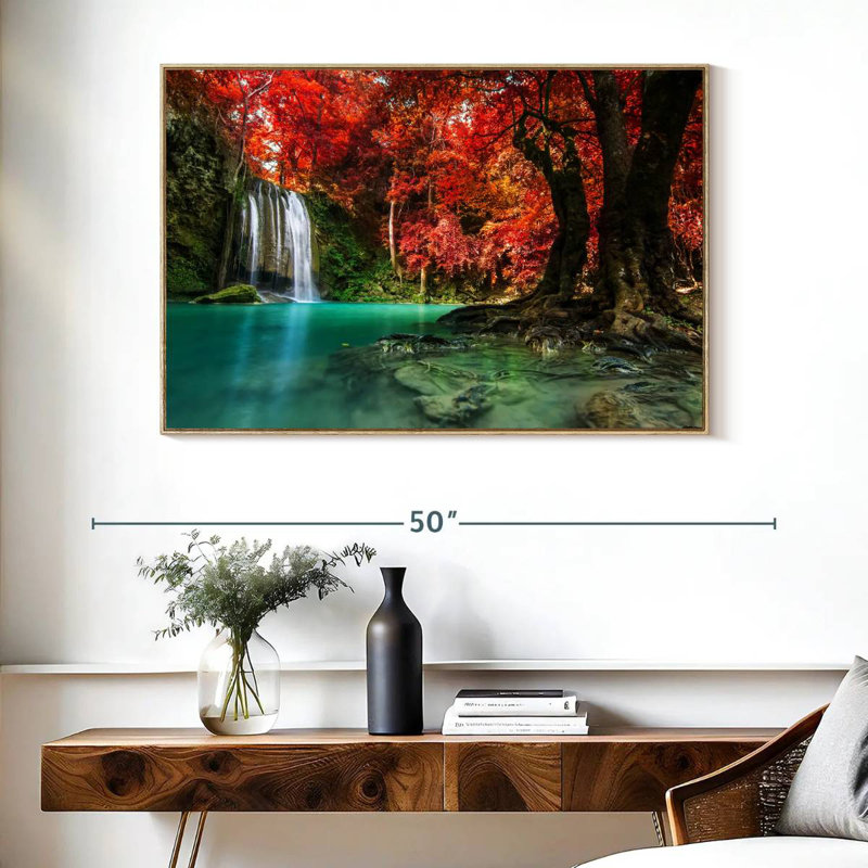 Red Waterfall, 40" X 27", Floating Frame Natural Wood