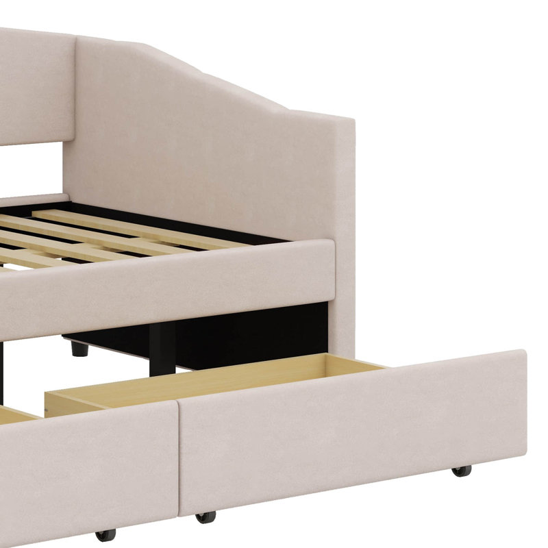 Upholstered Twin Size Daybed With Two Drawers, Beige