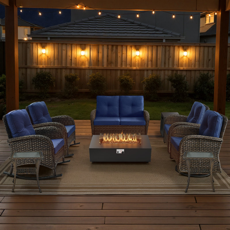 Esquer 8-Piece Outdoor Wicker Family Gathering Loveseat Conversation Set With Rocking & Swivel Chairs And Fire Pit Table