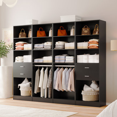 4-piece Set: 99.2"w Wardrobe Storage System With 4 Wooden Drawers, Adjustable Shelves And Hanging Rod